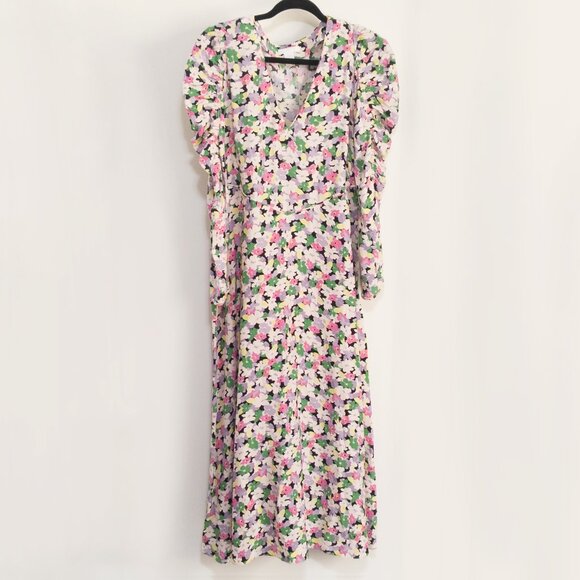 H&M Conscious Floral Print Puff Sleeve Maxi Dress Size Medium Lyocell V-Neck - Picture 2 of 7